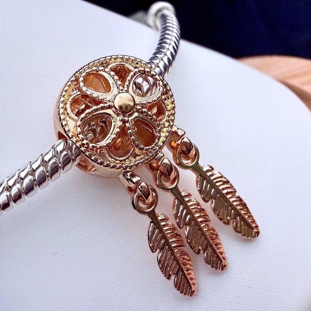 Pandora-like Gold Dreamcatcher Feather Silver Bead Charm Fits Snake Chain